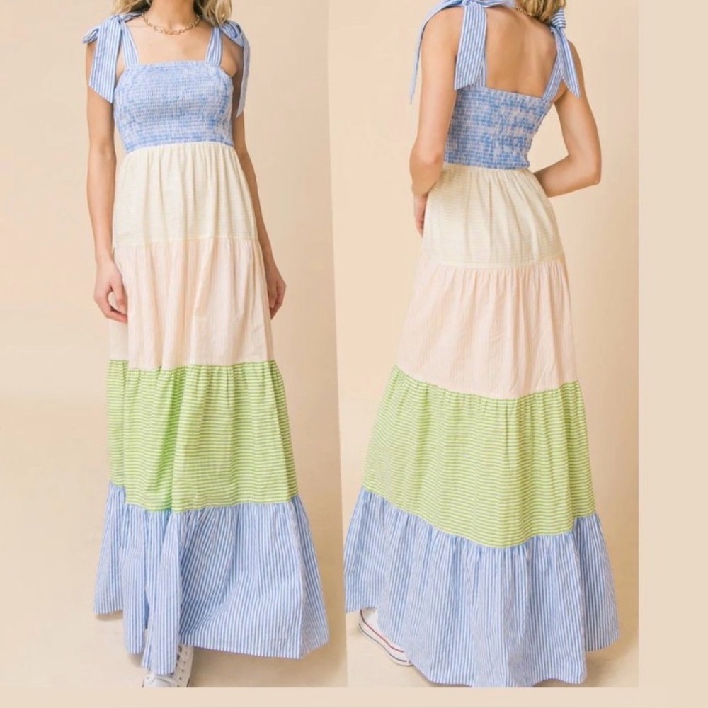 Aura smocked Striped Tiered Maxi Dress size M